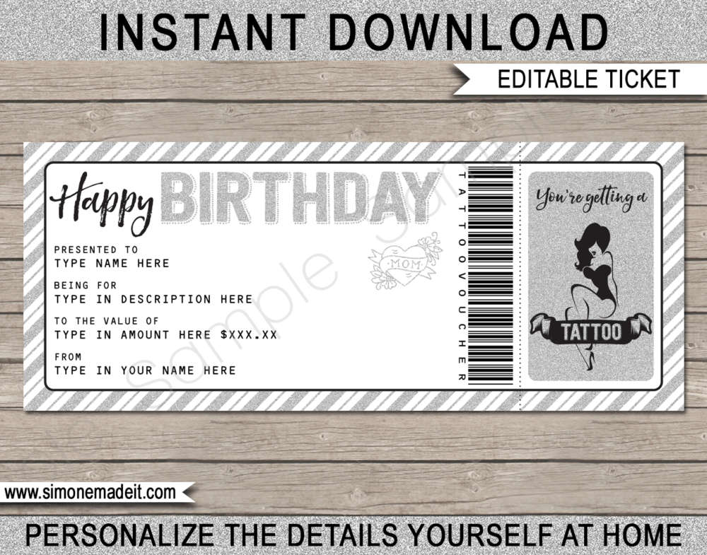 Printable Birthday Tattoo Gift Voucher Template | Birthday Gift Certificate | Instant download via giftsbysimonemadeit.com