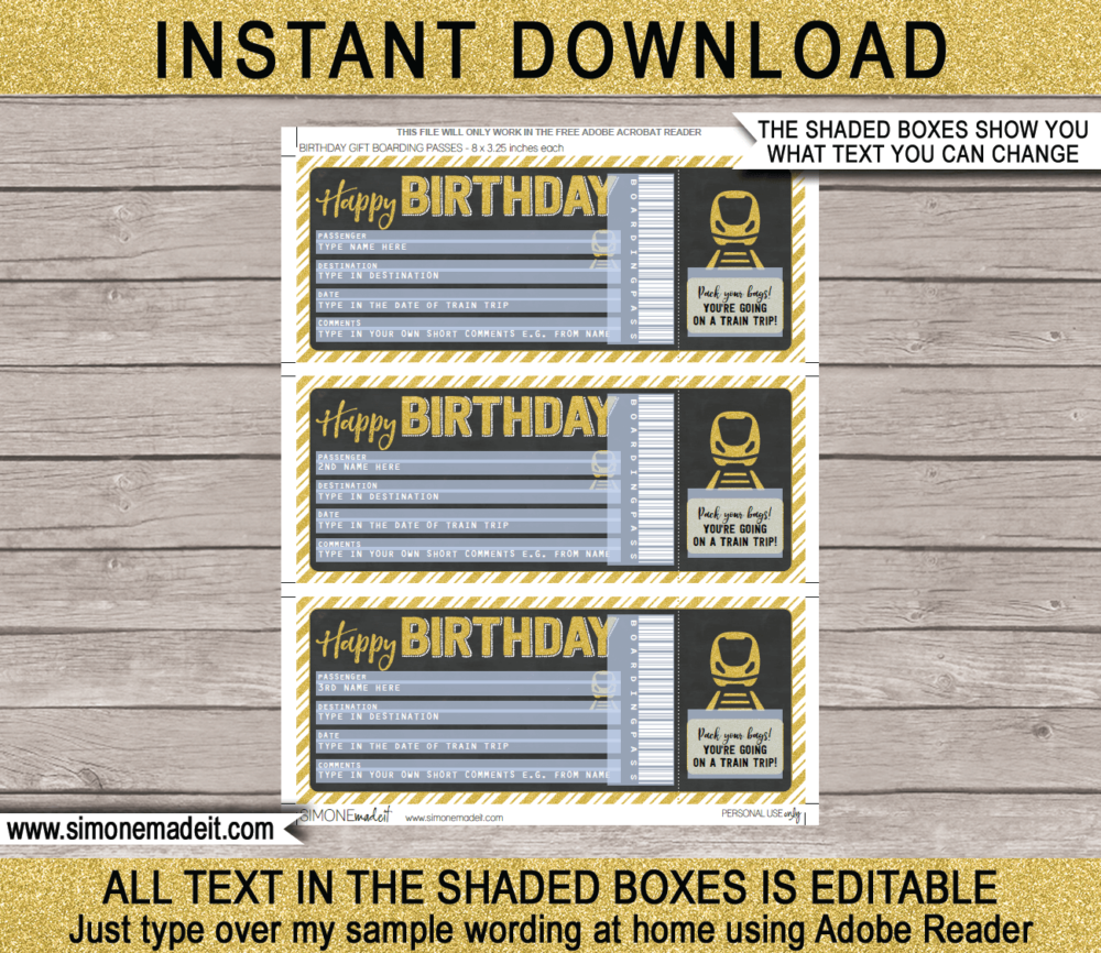 Printable Train Ticket Birthday Gift Template | Surprise Birthday Train Trip Reveal Ticket | Faux Fake Train Boarding Pass | DIY Editable Template | INSTANT DOWNLOAD via giftsbysimonemadeit.com