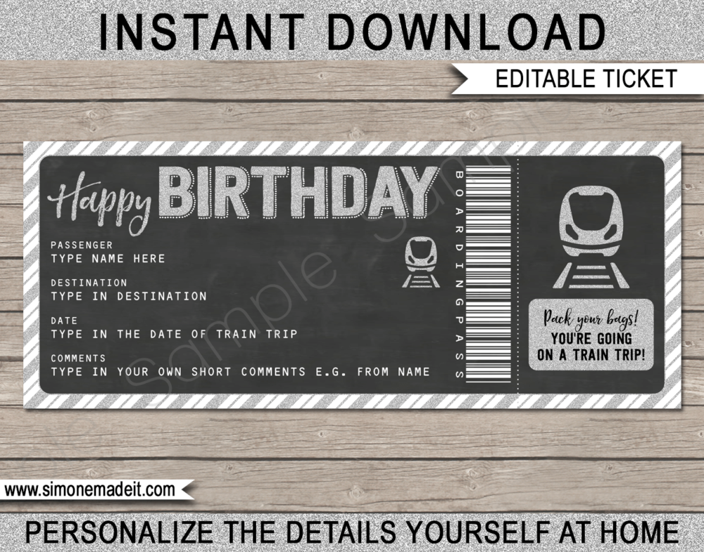 Printable Train Ticket Birthday Gift Template | Surprise Birthday Train Trip Reveal Ticket | Faux Fake Train Boarding Pass | DIY Editable Template | INSTANT DOWNLOAD via giftsbysimonemadeit.com