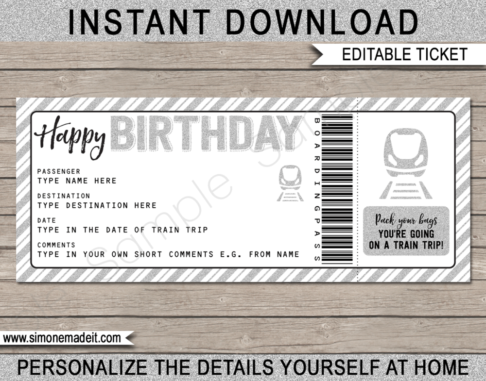 Printable Train Ticket Birthday Gift Template | Surprise Birthday Train Trip Reveal Ticket | Faux Fake Train Boarding Pass | DIY Editable Template | INSTANT DOWNLOAD via giftsbysimonemadeit.com