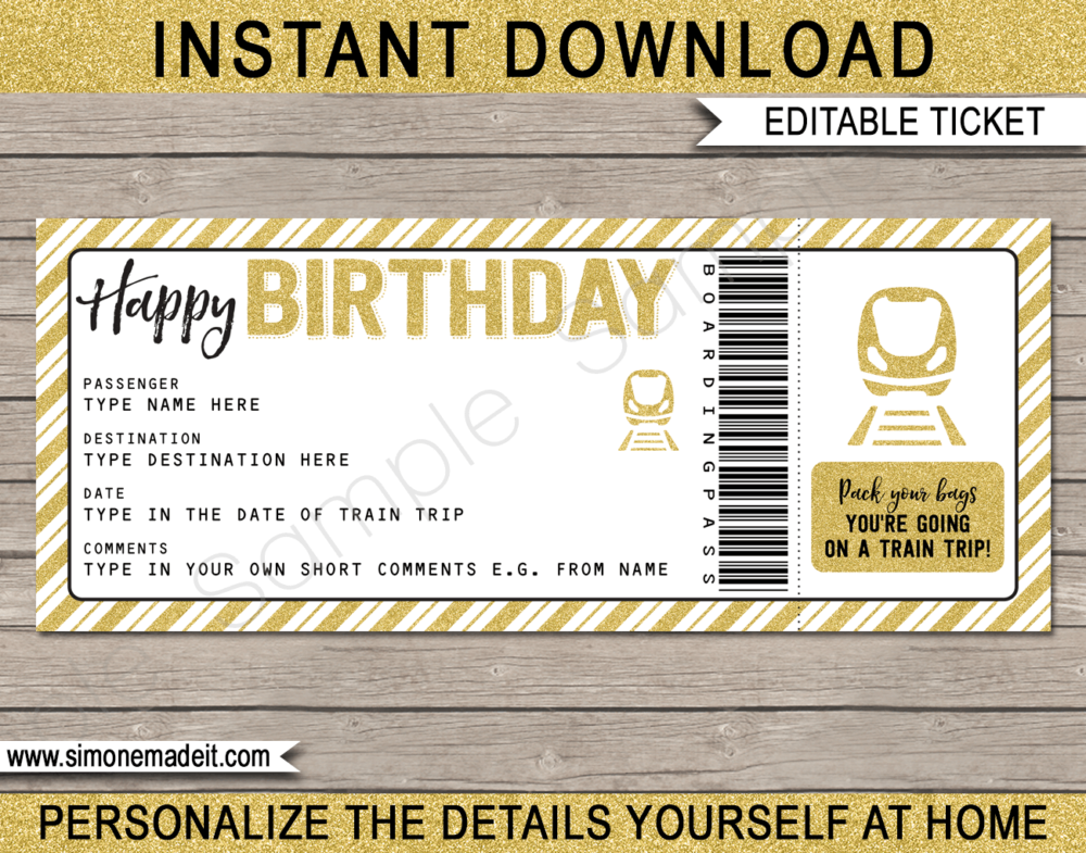 Printable Train Ticket Birthday Gift Template | Surprise Birthday Train Trip Reveal Ticket | Faux Fake Train Boarding Pass | DIY Editable Template | INSTANT DOWNLOAD via giftsbysimonemadeit.com