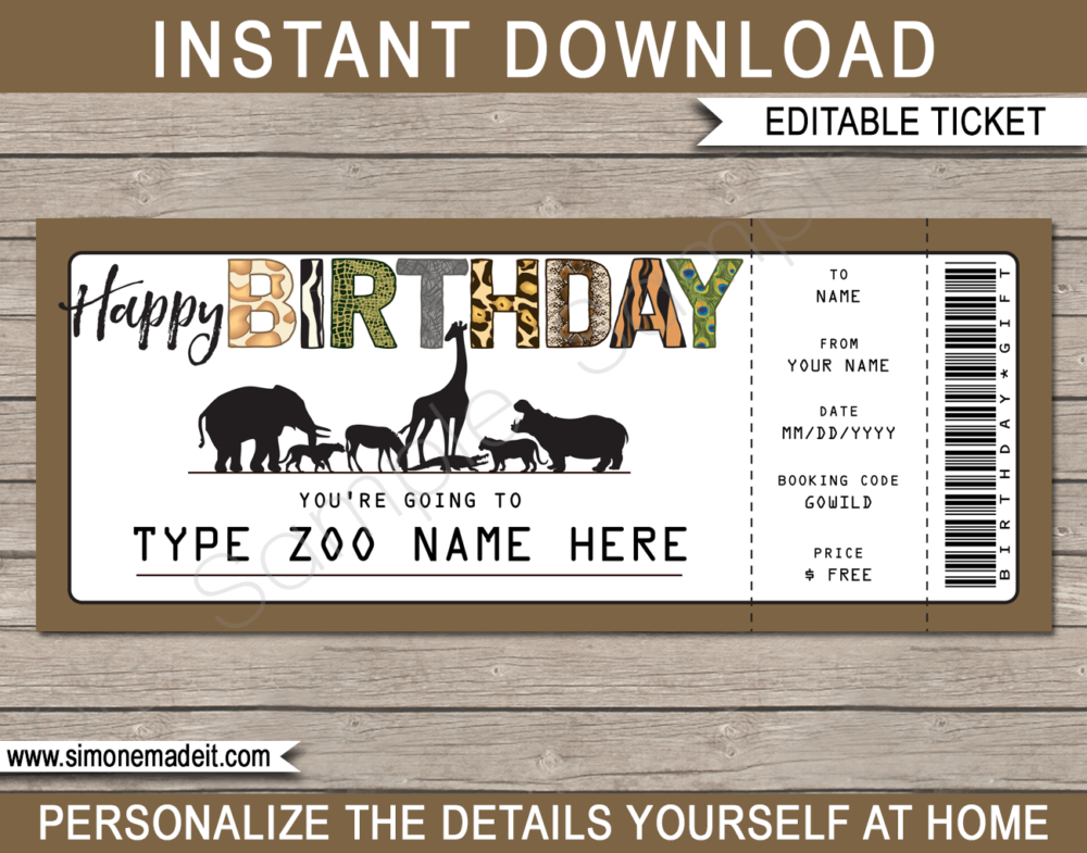 Printable Birthday Zoo Tickets Gift Voucher | Animal Safari Wildlife Park Tickets | Surprise Tickets to the Zoo | Fake Zoo Tickets | Birthday Present | DIY Editable & Printable Template | Instant Download via giftsbysimonemadeit.com