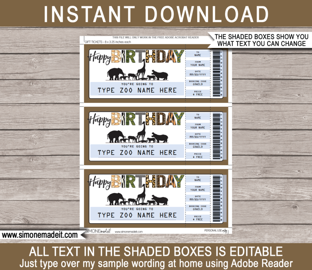 Printable Birthday Zoo Tickets Gift Voucher | Animal Safari Wildlife Park Tickets | Surprise Tickets to the Zoo | Fake Zoo Tickets | Birthday Present | DIY Editable & Printable Template | Instant Download via giftsbysimonemadeit.com