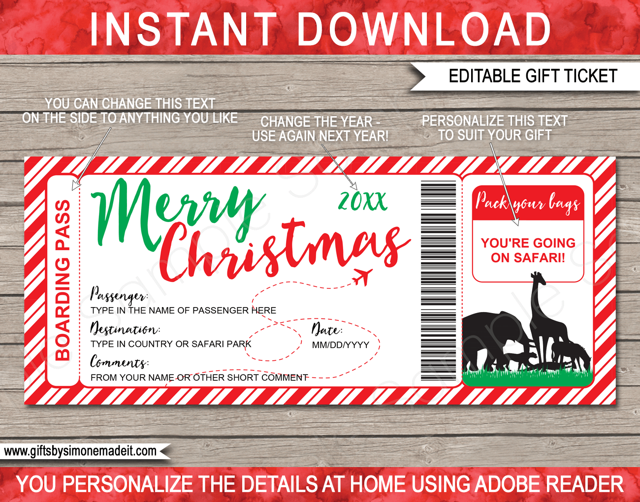 Printable Christmas Africa Trip Gift Boarding Pass Template | Flight, Getaway, Holiday, Vacation on Safari | Fake Plane Ticket | Surprise Trip Reveal | Christmas Present | DIY Editable Template | Instant Download via giftsbysimonemadeit.com