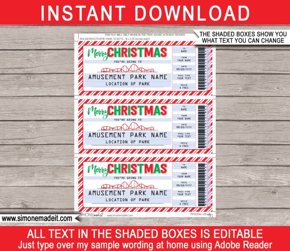 Editable & Printable Christmas Amusement Park Ticket Gift Voucher Template | Theme Park Tickets | Surprise Tickets to an Amusement Park, Theme Park | Fake Park Tickets | Christmas Present | Daily, Season, Yearly Passes | INSTANT DOWNLOAD via giftsbysimonemadeit.com