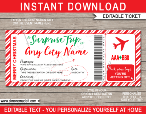 Printable Christmas Surprise Trip Boarding Pass Gift Ticket | Flight, Getaway, Holiday, Vacation | Fake Plane Ticket Boarding Pass | Christmas Present | DIY Editable & Printable Template | Instant Download via giftsbysimonemadeit.com