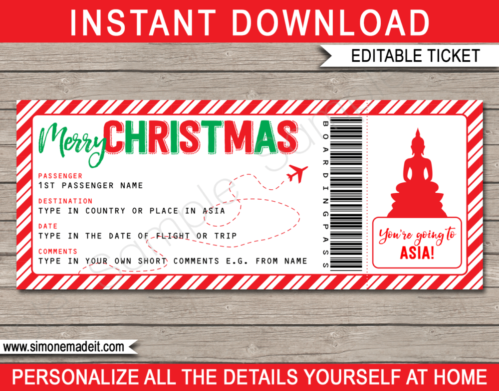 Printable Christmas Asia Trip Gift Boarding Pass Template | Flight, Getaway, Holiday, Vacation to South East Asia | Fake Plane Ticket | Surprise Trip Reveal | Christmas Present | DIY Editable Template | Instant Download via giftsbysimonemadeit.com
