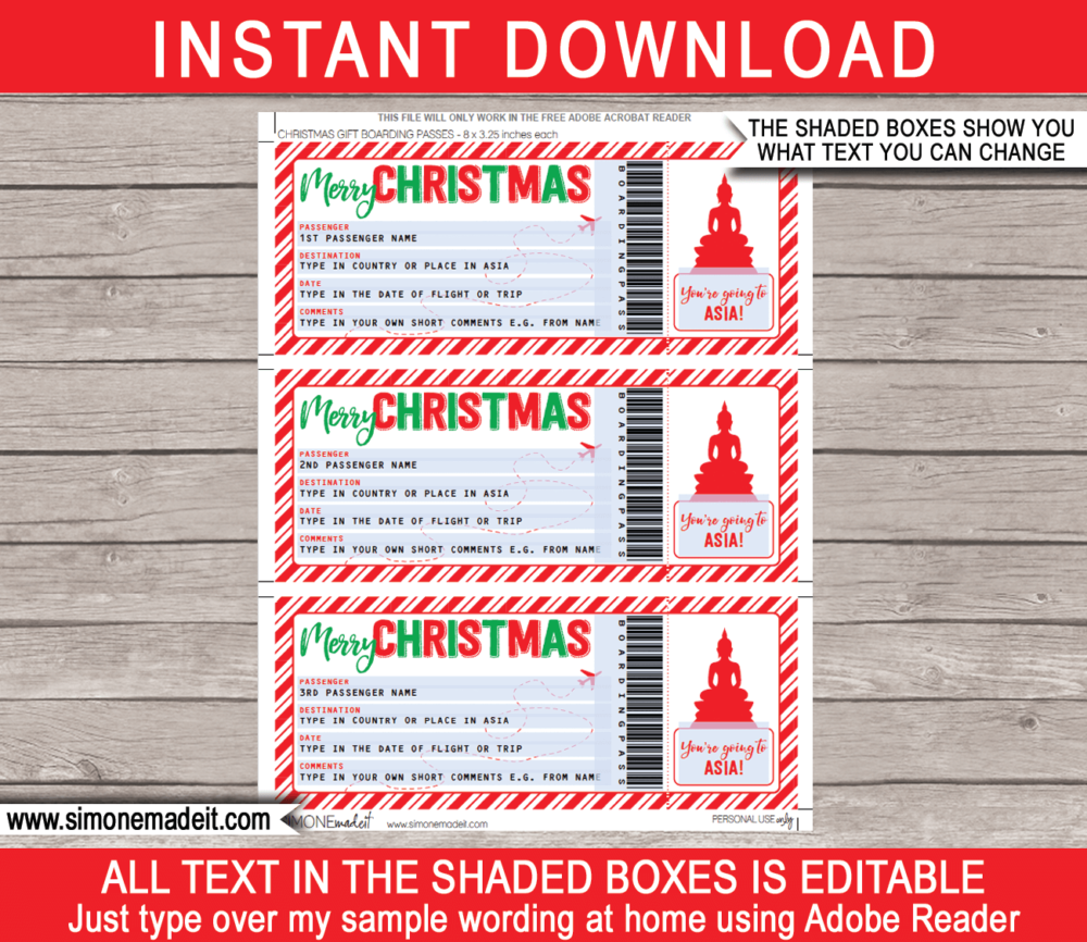 Printable Christmas Asia Trip Gift Boarding Pass Template | Flight, Getaway, Holiday, Vacation to South East Asia | Fake Plane Ticket | Surprise Trip Reveal | Christmas Present | DIY Editable Template | Instant Download via giftsbysimonemadeit.com