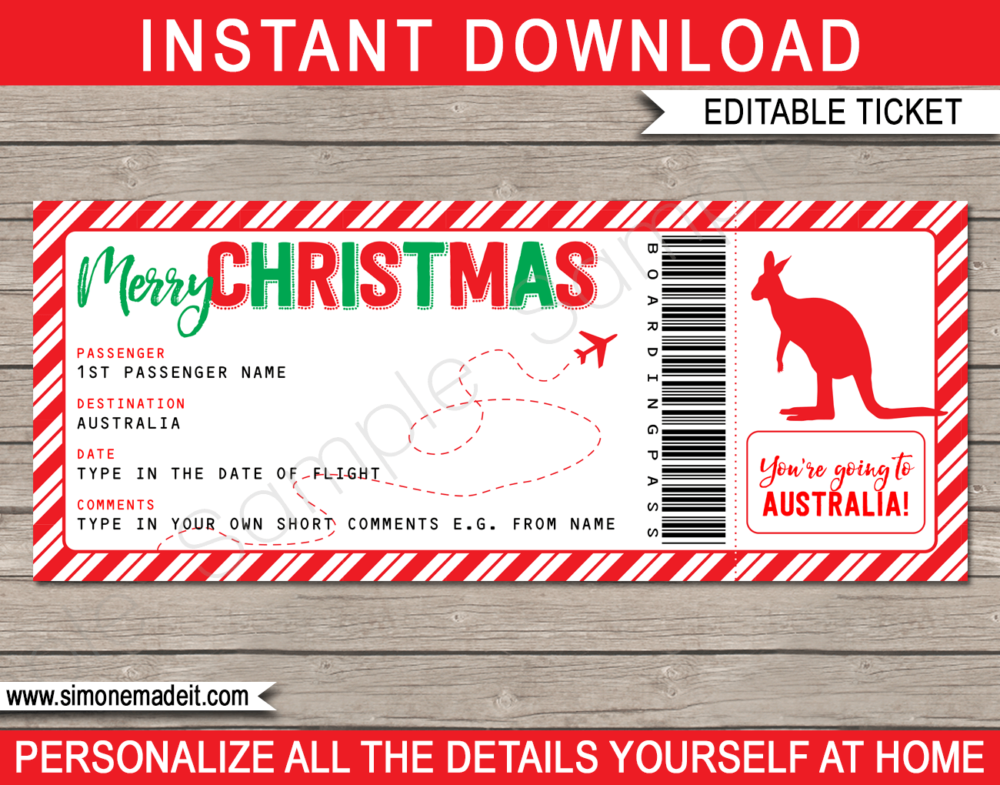 Printable Christmas Australia Trip Gift Boarding Pass Template | Flight, Getaway, Holiday, Vacation Down Under | Fake Plane Ticket | Surprise Trip Reveal | Christmas Present | DIY Editable Template | Instant Download via giftsbysimonemadeit.com