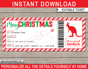 Printable Christmas Australia Trip Gift Boarding Pass Template | Flight, Getaway, Holiday, Vacation Down Under | Fake Plane Ticket | Surprise Trip Reveal | Christmas Present | DIY Editable Template | Instant Download via giftsbysimonemadeit.com