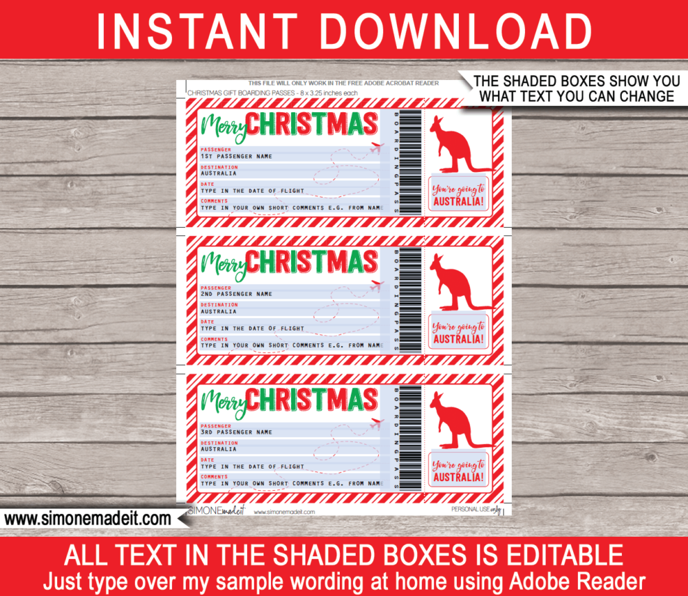 Printable Christmas Trip to Australia Gift Boarding Pass Gift Ticket Template | Flight, Getaway, Holiday, Vacation Down Under | Fake Plane Ticket | Christmas Present | DIY Editable Template | Instant Download via giftsbysimonemadeit.com