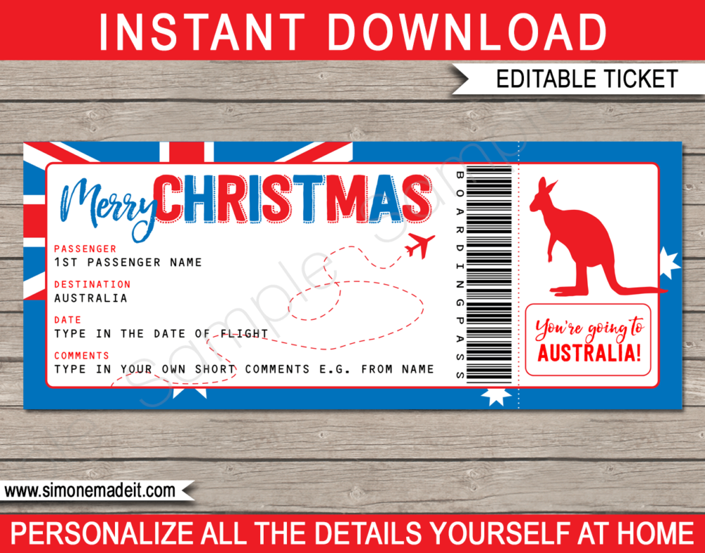 Printable Christmas Australia Trip Gift Boarding Pass Template | Flight, Getaway, Holiday, Vacation Down Under | Fake Plane Ticket | Surprise Trip Reveal | Christmas Present | DIY Editable Template | Instant Download via giftsbysimonemadeit.com