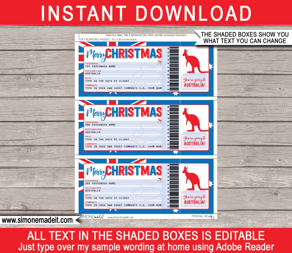 Printable Christmas Australia Trip Gift Boarding Pass Template | Flight, Getaway, Holiday, Vacation Down Under | Fake Plane Ticket | Surprise Trip Reveal | Christmas Present | DIY Editable Template | Instant Download via giftsbysimonemadeit.com