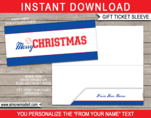 Printable Christmas Baseball Gift Ticket Sleeve Template for Christmas sports gift tickets or game tickets or gift vouchers or money | DIY Editable & Printable Template | INSTANT DOWNLOAD via giftsbysimonemadeit.com