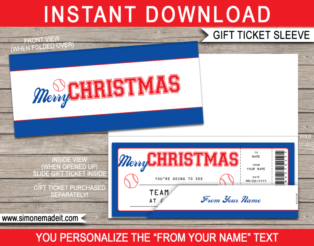 Printable Christmas Baseball Gift Ticket Sleeve Template for Christmas baseball gift tickets or game tickets or gift vouchers or money | DIY Editable & Printable Template | INSTANT DOWNLOAD via giftsbysimonemadeit.com