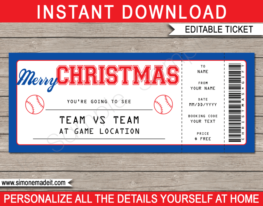 Printable Christmas Baseball Ticket Gift Voucher Template - Surprise tickets to a Baseball Game - Gift Certificate - Christmas present - DIY Editable & Printable Template | INSTANT DOWNLOAD via giftsbysimonemadeit.com #baseballgifttickets #lastminutegift #ticketottheballgame