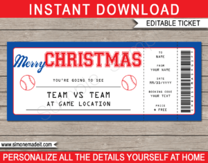 Printable Christmas Baseball Ticket Gift Voucher Template - Surprise tickets to a Baseball Game - Gift Certificate - Christmas present - DIY Editable & Printable Template | INSTANT DOWNLOAD via giftsbysimonemadeit.com #baseballgifttickets #lastminutegift #ticketottheballgame