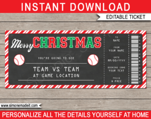 Printable Christmas Baseball Ticket Gift Voucher Template - Surprise tickets to a Baseball Game - Gift Certificate - Christmas present - DIY Editable & Printable Template - INSTANT DOWNLOAD via giftsbysimonemadeit.com #baseballgifttickets #lastminutegift