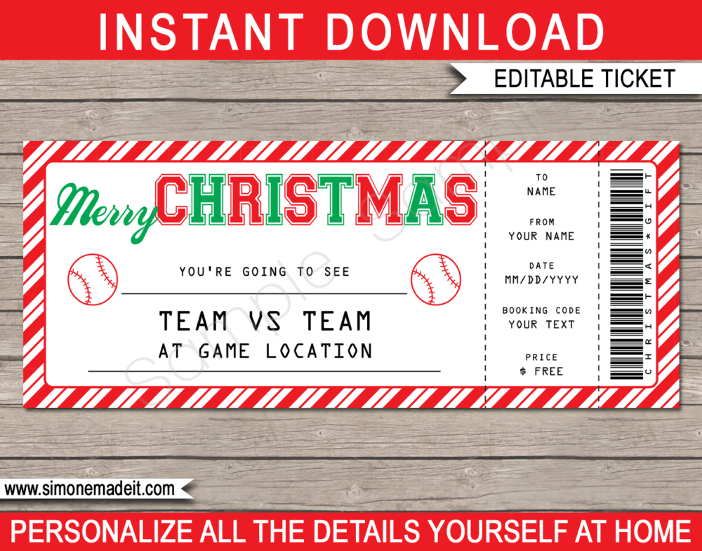 Printable Christmas Baseball Ticket Gift Voucher Template - Surprise tickets to a Baseball Game - Gift Certificate - Christmas present - DIY Editable & Printable Template - INSTANT DOWNLOAD via giftsbysimonemadeit.com #baseballgifttickets #lastminutegift