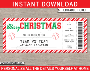 Printable Christmas Baseball Ticket Gift Voucher Template - Surprise tickets to a Baseball Game - Gift Certificate - Christmas present - DIY Editable & Printable Template - INSTANT DOWNLOAD via giftsbysimonemadeit.com #baseballgifttickets #lastminutegift