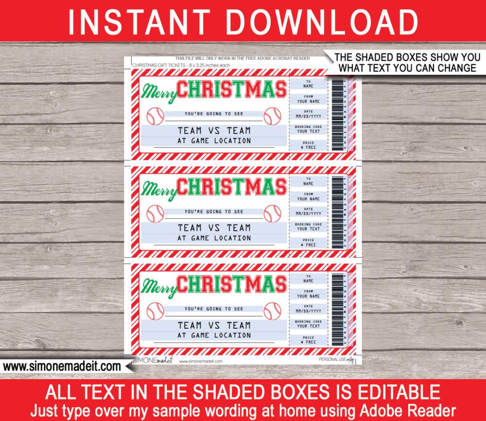 Printable Christmas Baseball Ticket Gift Voucher Template - Surprise tickets to a Baseball Game - Gift Certificate - Christmas present - DIY Editable & Printable Template - INSTANT DOWNLOAD via giftsbysimonemadeit.com #baseballgifttickets #lastminutegift