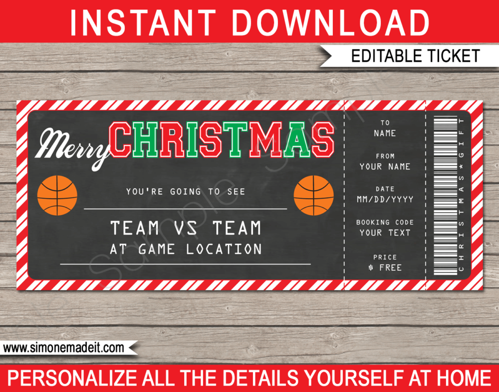 Printable Christmas Basketball Ticket Gift Voucher Template - Surprise tickets to a Basketball Game - Gift Certificate - Christmas present - DIY Editable & Printable Template - NBA, WNBA, March Madness, NCAA | INSTANT DOWNLOAD via giftsbysimonemadeit.com #basketballtickets #lastminutegift