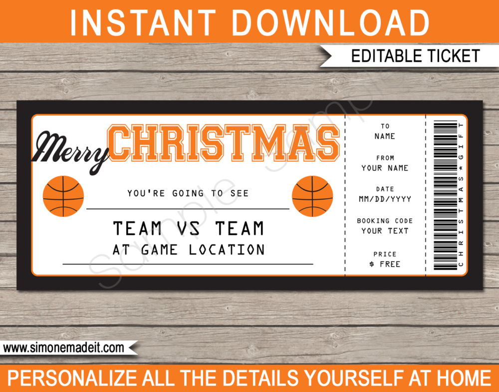 Printable Christmas Basketball Ticket Gift Voucher Template - Surprise tickets to a Basketball Game - Gift Certificate - Christmas present - DIY Editable & Printable Template - NBA, WNBA, March Madness, NCAA | INSTANT DOWNLOAD via giftsbysimonemadeit.com #basketballtickets #lastminutegift