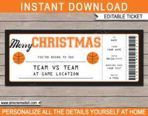 Printable Christmas Basketball Ticket Gift Voucher Template - Surprise tickets to a Basketball Game - Gift Certificate - Christmas present - DIY Editable & Printable Template - NBA, WNBA, March Madness, NCAA | INSTANT DOWNLOAD via giftsbysimonemadeit.com #basketballtickets #lastminutegift