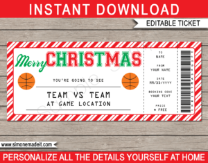 Printable Christmas Basketball Ticket Gift Voucher Template - Surprise tickets to a Basketball Game - Gift Certificate - Christmas present - DIY Editable & Printable Template - NBA, WNBA, March Madness, NCAA | INSTANT DOWNLOAD via giftsbysimonemadeit.com #basketballtickets #lastminutegift #ballislife