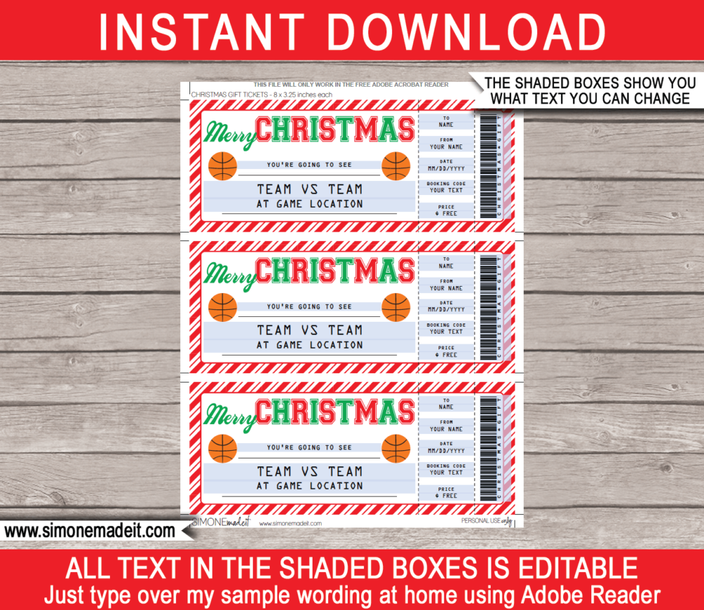 Printable Christmas Basketball Ticket Gift Voucher Template - Surprise tickets to a Basketball Game - Gift Certificate - Christmas present - DIY Editable & Printable Template - NBA, WNBA, March Madness, NCAA | INSTANT DOWNLOAD via giftsbysimonemadeit.com #basketballtickets #lastminutegift