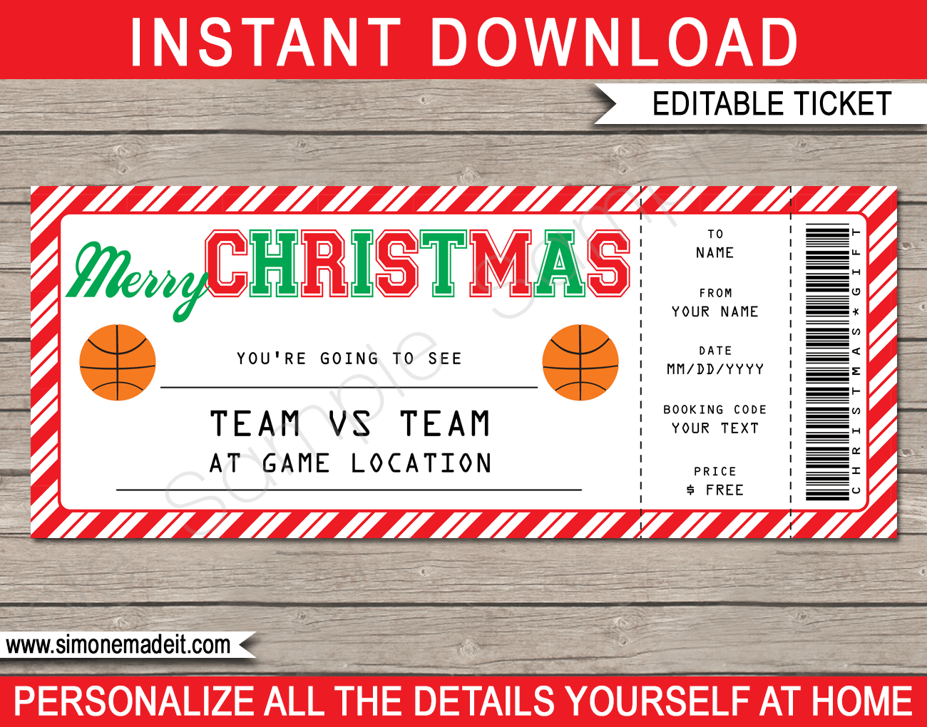 Printable Basketball Game Ticket Birthday Gift Template Party 