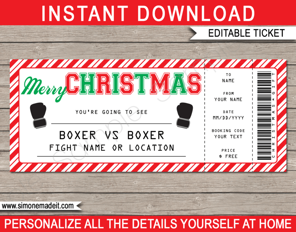 Christmas Boxing Ticket Gift Voucher Template - Surprise tickets to a Boxing Match - Printable Gift Certificate - Christmas Present | INSTANT DOWNLOAD via giftsbysimonemadeit.com #boxinggift #lastminutegift