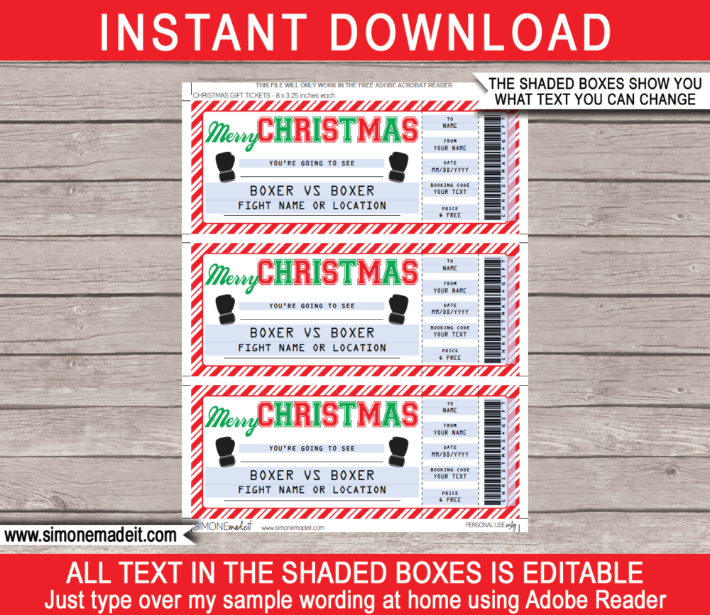 Editable & Printable Christmas Boxing Ticket Gift Voucher Template - Surprise tickets to a Boxing Match - Gift Certificate - Christmas Present | INSTANT DOWNLOAD via giftsbysimonemadeit.com #boxinggift #lastminutegift