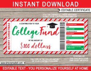 Printable Christmas College Fund Gift Certificate template | 529 College Savings Plan Contribution | Education Tuition Fee Gift | Editable Template | INSTANT DOWNLOAD via giftsbysimonemadeit.com