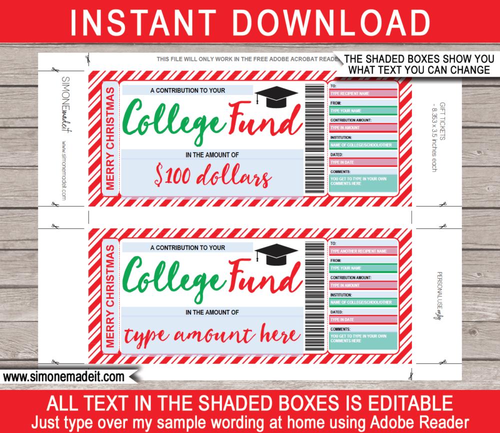 Printable Christmas College Fund Gift Certificate template | 529 College Savings Plan Contribution | Education Tuition Fee Gift | Editable Template | INSTANT DOWNLOAD via giftsbysimonemadeit.com