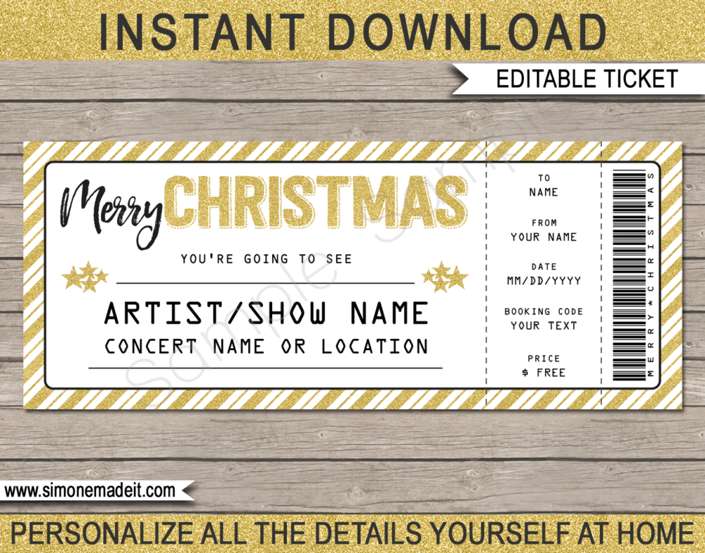 Printable Christmas Gift Concert Ticket | Surprise Tickets to a Concert, Band, Show, Music Festival, Performance, Artist | Fake Concert Ticket | Christmas Present | Gold Glitter | DIY Editable & Printable Template | Instant Download via simonemadeit.com