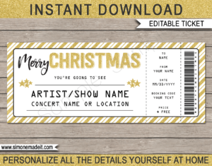 Printable Christmas Gift Concert Ticket | Surprise Tickets to a Concert, Band, Show, Music Festival, Performance, Artist | Fake Concert Ticket | Christmas Present | Gold Glitter | DIY Editable & Printable Template | Instant Download via simonemadeit.com