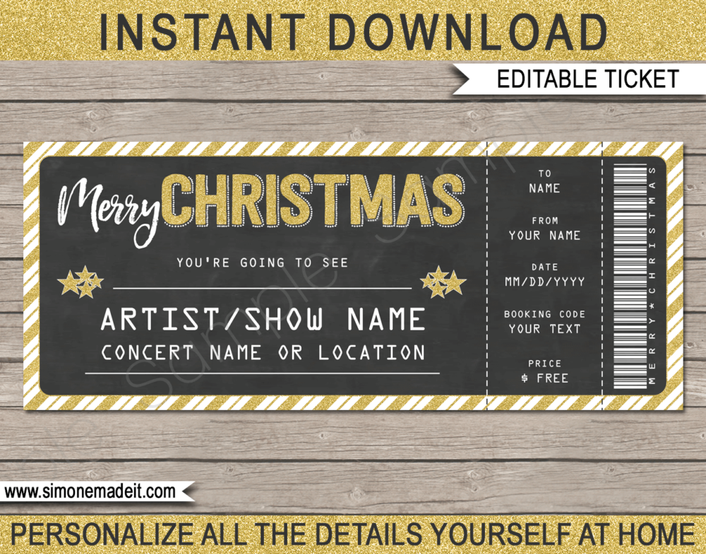 Printable Christmas Gift Concert Ticket | Surprise Tickets to a Concert, Band, Show, Music Festival, Performance, Artist | Fake Concert Ticket | Christmas Present | Gold Chalkboard | DIY Editable & Printable Template | Instant Download via simonemadeit.com