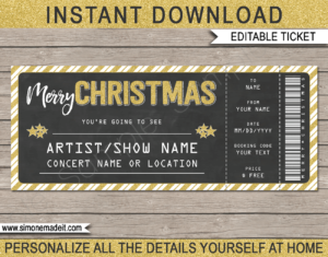 Printable Christmas Gift Concert Ticket | Surprise Tickets to a Concert, Band, Show, Music Festival, Performance, Artist | Fake Concert Ticket | Christmas Present | Gold Chalkboard | DIY Editable & Printable Template | Instant Download via simonemadeit.com