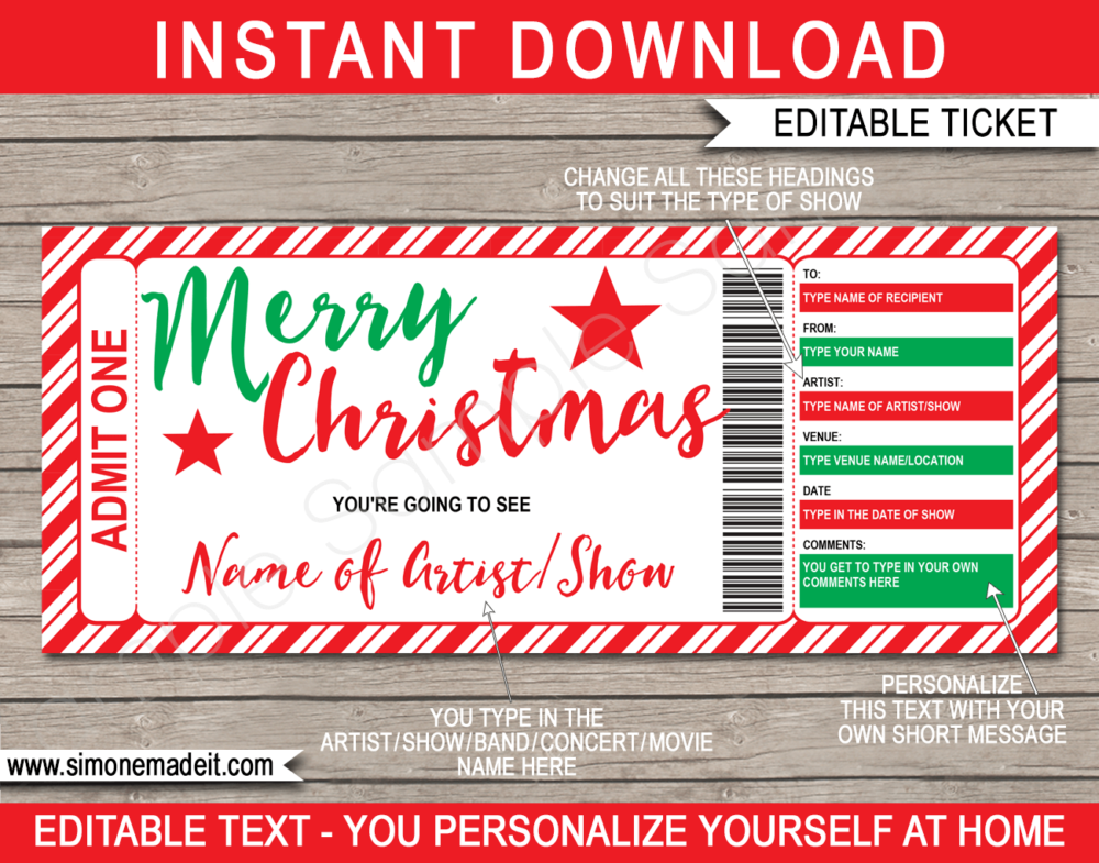 Christmas Concert Ticket Gift Voucher Template | Concert, Band, Show, Music Festival, Performance, Artist, Performance or Movie | Faux or Fake Concert Ticket | Christmas Present | DIY Editable & Printable Template | Instant Download via simonemadeit.com