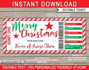 Christmas Concert Ticket Gift Voucher Template | Concert, Band, Show, Music Festival, Performance, Artist, Performance or Movie | Faux or Fake Concert Ticket | Christmas Present | DIY Editable & Printable Template | Instant Download via simonemadeit.com