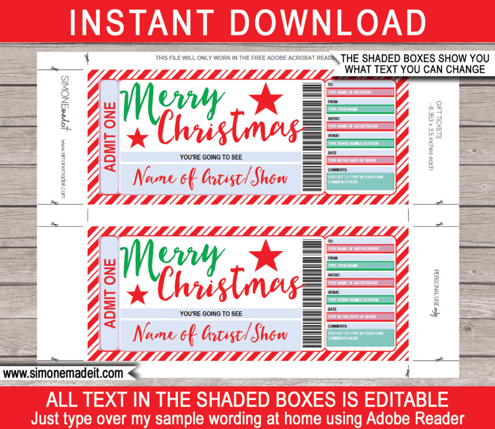 Printable Christmas Concert Ticket Gift Voucher Template | Concert, Band, Show, Music Festival, Performance, Artist, Performance or Movie | Faux or Fake Concert Ticket | Christmas Present | DIY Editable & Printable Template | Instant Download via simonemadeit.com