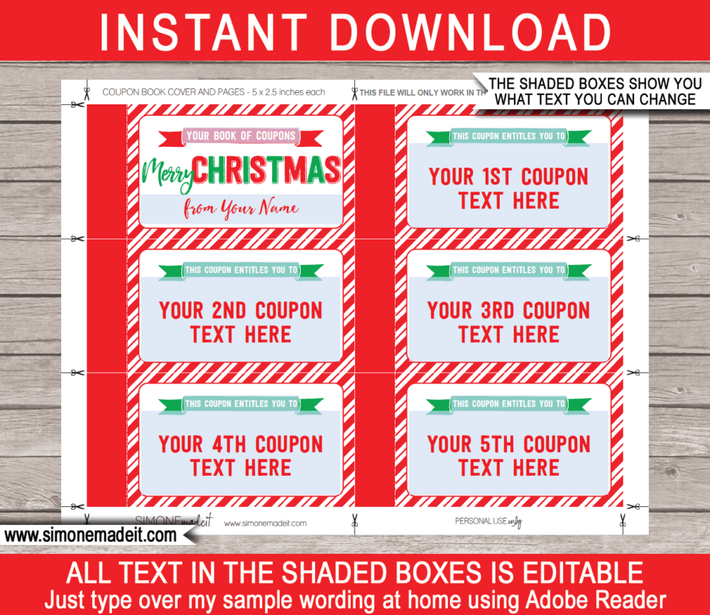 Printable Christmas Coupon Book template | DIY editable personalized Coupons for a last minute Christmas gift | boyfriend, girlfriend, husband, wife, mom, dad, sister, brother, family, friends | Instant Download via simonemadeit.com