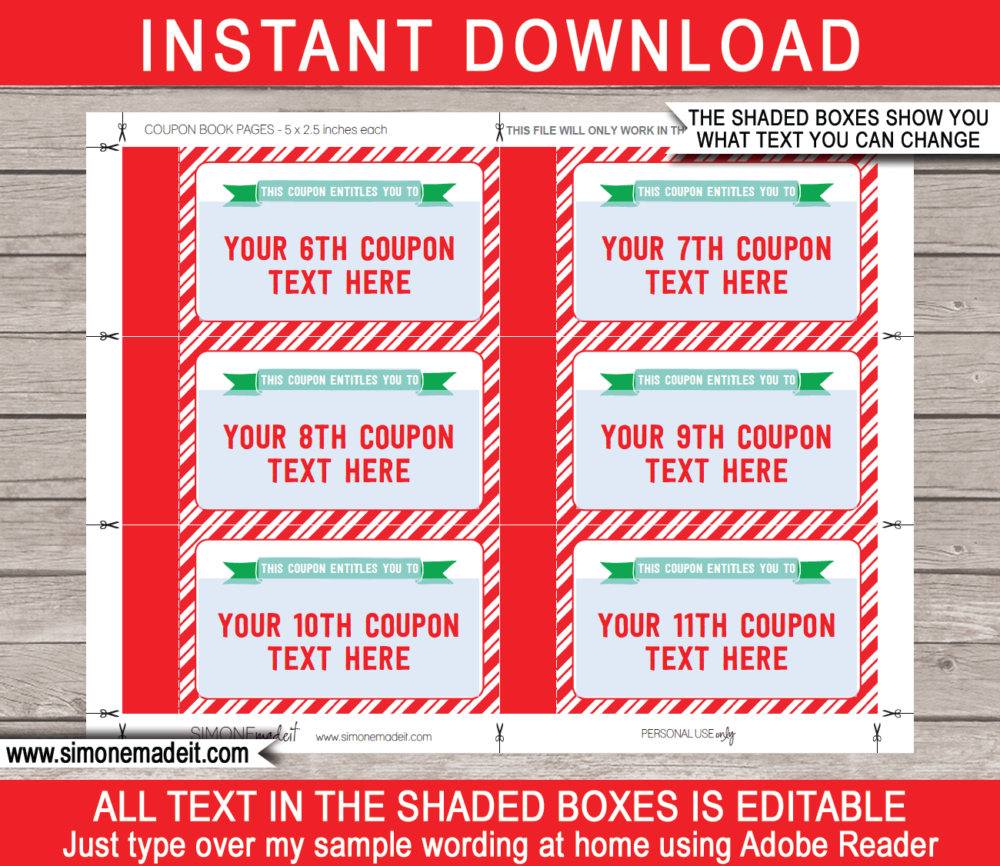Printable Christmas Coupon Book template | DIY editable personalized Coupons for a last minute Christmas gift | boyfriend, girlfriend, husband, wife, mom, dad, sister, brother, family, friends | Instant Download via simonemadeit.com
