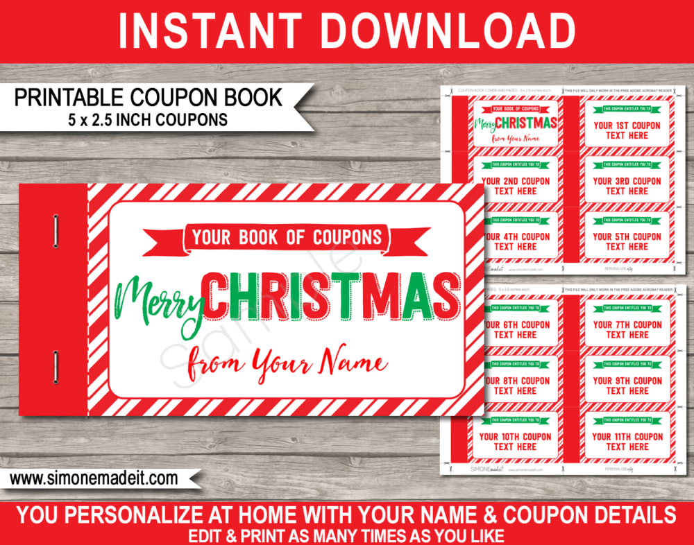 Printable Christmas Coupon Book template | DIY editable personalized Coupons for a last minute Christmas gift | boyfriend, girlfriend, husband, wife, mom, dad, sister, brother, family, friends | Instant Download via simonemadeit.com