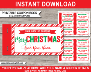 Printable Christmas Coupon Book template | DIY editable personalized Coupons for a last minute Christmas gift | boyfriend, girlfriend, husband, wife, mom, dad, sister, brother, family, friends | Instant Download via simonemadeit.com