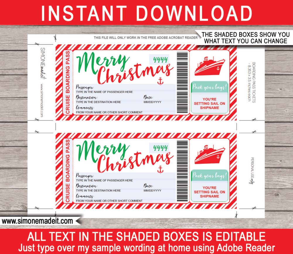 Printable Christmas Cruise Boarding Pass Template | DIY Editable Cruise Ticket Gift Template | Xmas Surprise Cruise Reveal | INSTANT DOWNLOAD via giftsbysimonemadeit.com