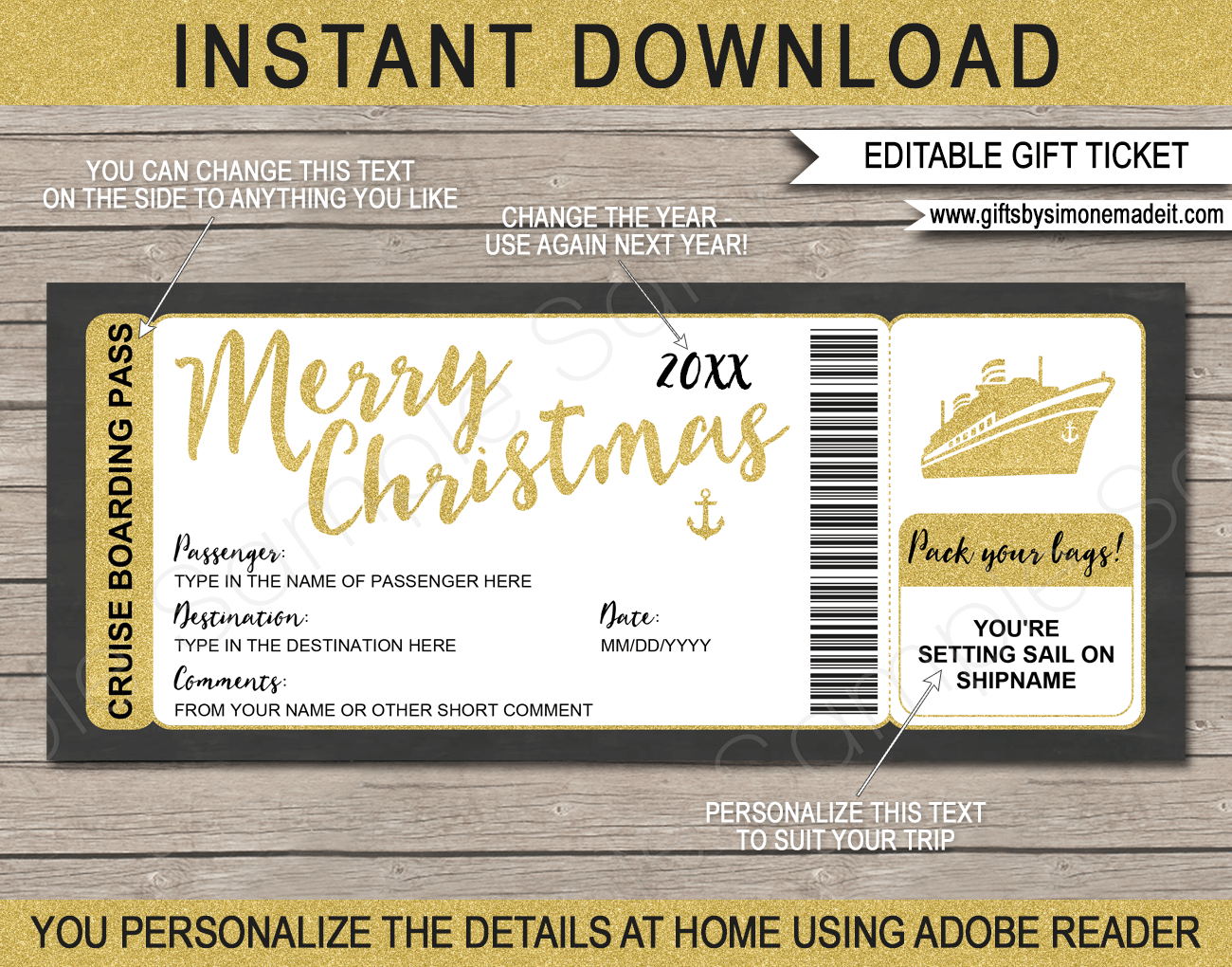 Printable Gold Christmas Cruise Boarding Pass Template | DIY Editable Cruise Ticket Gift Template | Xmas Surprise Cruise Reveal | INSTANT DOWNLOAD via giftsbysimonemadeit.com