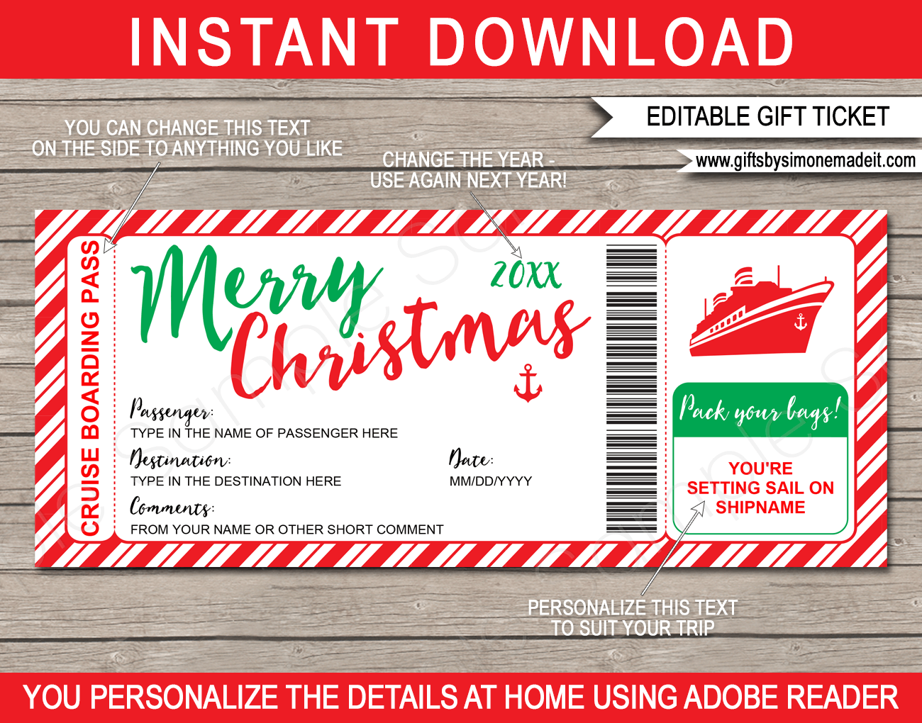 Printable Christmas Cruise Boarding Pass Template | DIY Editable Cruise Ticket Gift Template | Xmas Surprise Cruise Reveal | INSTANT DOWNLOAD via giftsbysimonemadeit.com