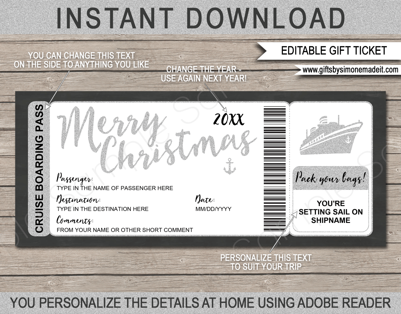 Printable Silver Christmas Cruise Boarding Pass Template | DIY Editable Cruise Ticket Gift Template | Xmas Surprise Cruise Reveal | INSTANT DOWNLOAD via giftsbysimonemadeit.com